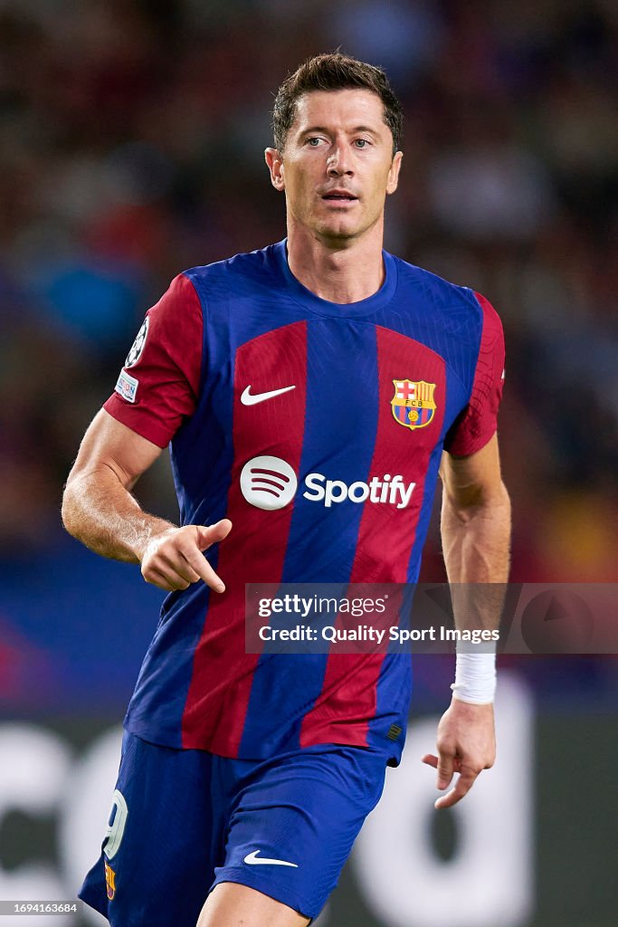 Robert Lewandowski of FC Barcelona looks on during the UEFA Champions