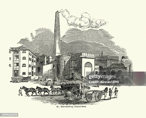 malt distillery, thames bank, london, history, 1850s 19th century - distillery stock illustrations