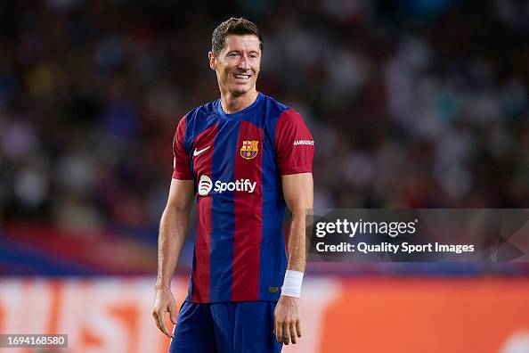 Robert Lewandowski of FC Barcelona reacts during the UEFA Champions