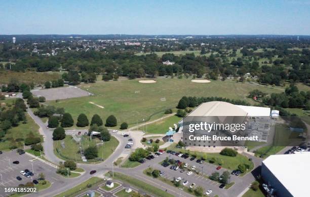 An aerial view of the area planned for construction for the 2024 Cricket World Cup in Eisenhower Park on September 21, 2023 in East Meadow, New York....