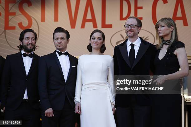 Producer Greg Shapiro, actor Jeremy Renner, French actress Marion Cotillard and US director James Gray and his wife Alexandra Dickson pose on May 24,...