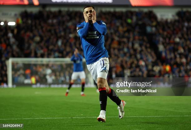 Tom Lawrence of Rangers reacts during the UEFA Europa League 2023/24 match between Rangers FC and Real Betis at Ibrox Stadium on September 21, 2023...