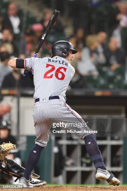 Max Kepler of the Minnesota Twins at bat against the Chicago White Sox at Guaranteed Rate Field on September 14, 2023 in Chicago, Illinois.