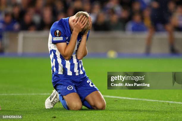 Jan Paul van Hecke of Brighton & Hove Albion reacts during the UEFA Europa League 2023/24 group stage match between Brighton & Hove Albion and AEK...