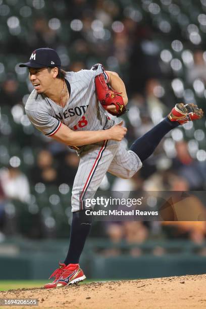 Kenta Maeda of the Minnesota Twins delivers a pitch against the Chicago White Sox at Guaranteed Rate Field on September 14, 2023 in Chicago, Illinois.