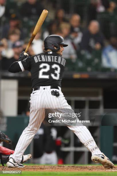 Andrew Benintendi of the Chicago White Sox at bat against the Minnesota Twins at Guaranteed Rate Field on September 14, 2023 in Chicago, Illinois.