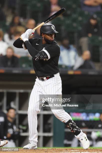 Luis Robert Jr. #88 of the Chicago White Sox at bat against the Minnesota Twins at Guaranteed Rate Field on September 14, 2023 in Chicago, Illinois.