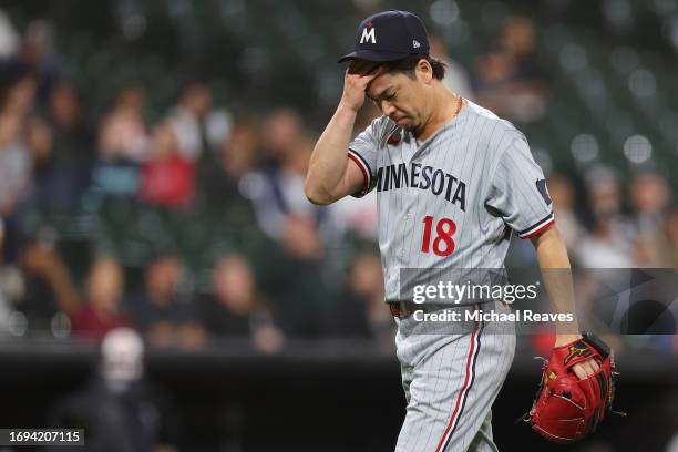 Kenta Maeda of the Minnesota Twins reacts against the Chicago White Sox at Guaranteed Rate Field on September 14, 2023 in Chicago, Illinois.