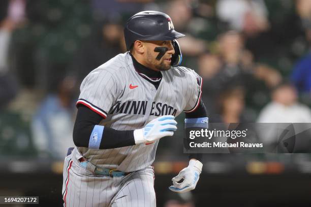 Royce Lewis of the Minnesota Twins in action against the Chicago White Sox at Guaranteed Rate Field on September 14, 2023 in Chicago, Illinois.