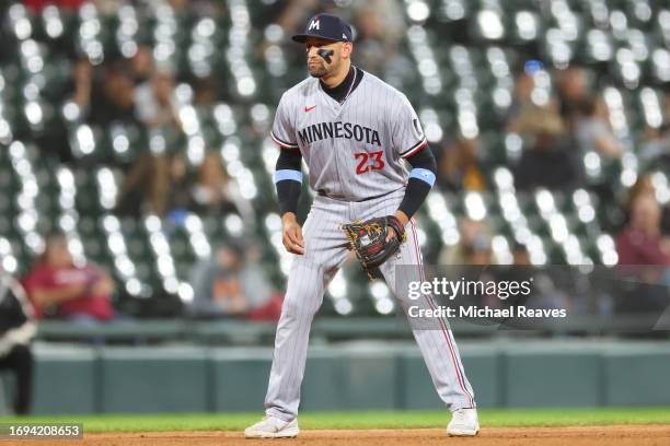 Royce Lewis of the Minnesota Twins in action against the Chicago White Sox at Guaranteed Rate Field on September 14, 2023 in Chicago, Illinois.