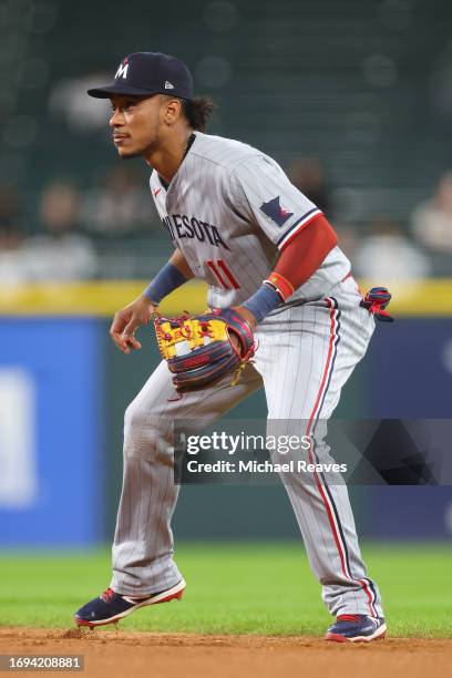 Jorge Polanco of the Minnesota Twins in action against the Chicago White Sox at Guaranteed Rate Field on September 14, 2023 in Chicago, Illinois.