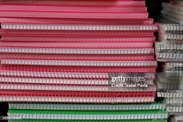 stack of ring binders notebooks - book stack from above stock pictures, royalty-free photos & images