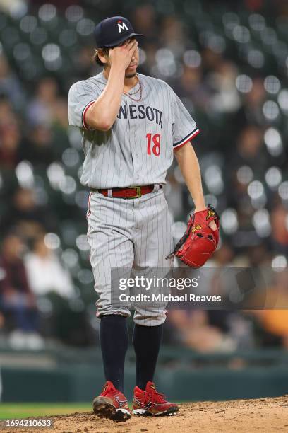 Kenta Maeda of the Minnesota Twins reacts against the Chicago White Sox at Guaranteed Rate Field on September 14, 2023 in Chicago, Illinois.