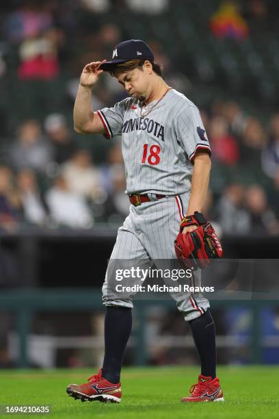 Kenta Maeda of the Minnesota Twins reacts against the Chicago White Sox at Guaranteed Rate Field on September 14, 2023 in Chicago, Illinois.