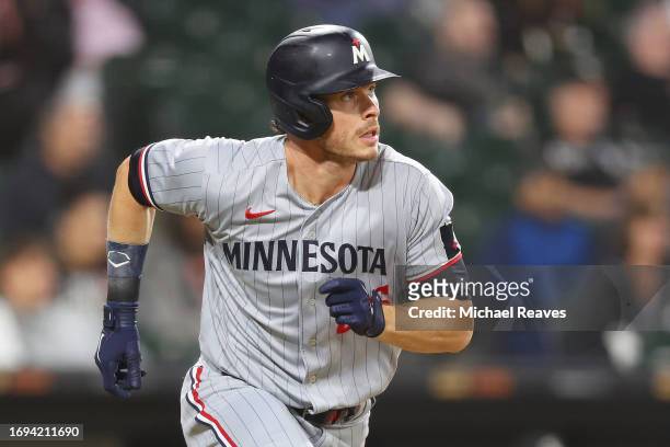 Max Kepler of the Minnesota Twins in action against the Chicago White Sox at Guaranteed Rate Field on September 14, 2023 in Chicago, Illinois.