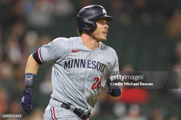 Max Kepler of the Minnesota Twins in action against the Chicago White Sox at Guaranteed Rate Field on September 14, 2023 in Chicago, Illinois.