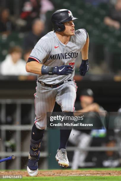 Max Kepler of the Minnesota Twins in action against the Chicago White Sox at Guaranteed Rate Field on September 14, 2023 in Chicago, Illinois.