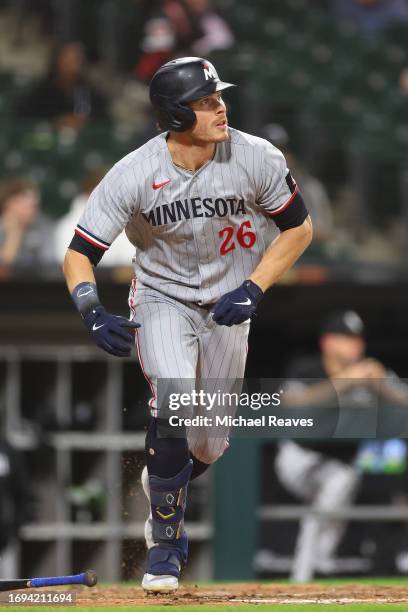 Max Kepler of the Minnesota Twins in action against the Chicago White Sox at Guaranteed Rate Field on September 14, 2023 in Chicago, Illinois.