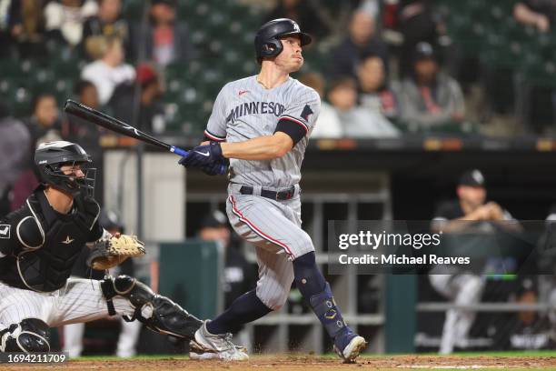 Max Kepler of the Minnesota Twins in action against the Chicago White Sox at Guaranteed Rate Field on September 14, 2023 in Chicago, Illinois.