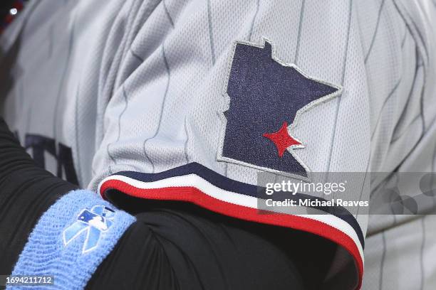 Detail of Minnesota Twins patch against the Chicago White Sox at Guaranteed Rate Field on September 14, 2023 in Chicago, Illinois.