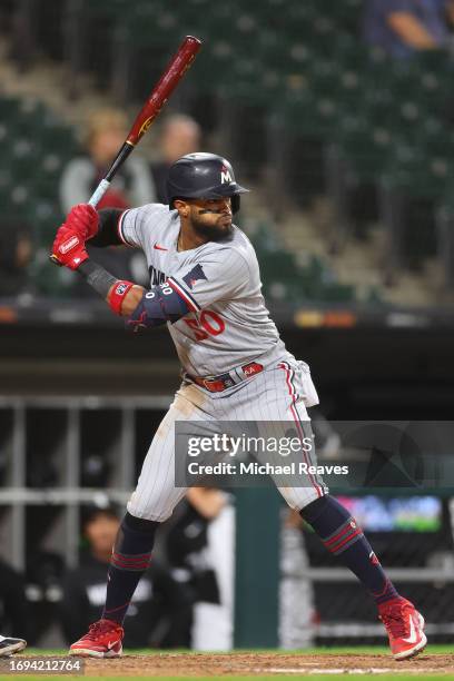 Willi Castro of the Minnesota Twins at bat against the Chicago White Sox at Guaranteed Rate Field on September 14, 2023 in Chicago, Illinois.