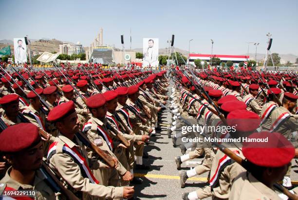 Yemen's Houthi group held a military parade, commemorating the 9th anniversary of their takeover of the capital Sana'a, on September 21, 2023 in...