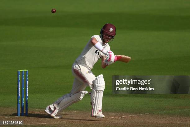 Rory Burns of Surrey in action during day three of the LV= Insurance County Championship Division 1 match between Surrey and Northamptonshire at The...