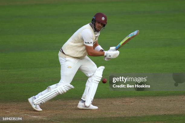 Jamie Overton of Surrey in action during day three of the LV= Insurance County Championship Division 1 match between Surrey and Northamptonshire at...