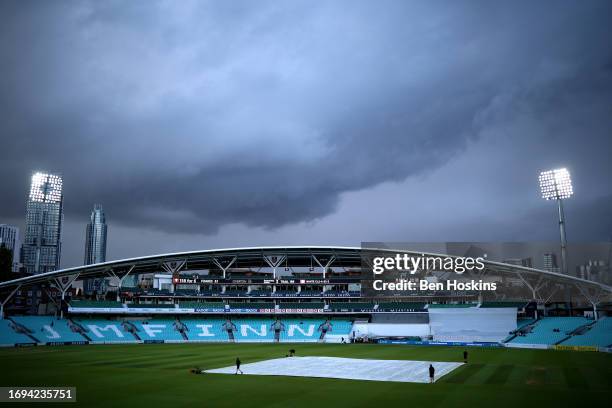 General view as rain delays play during day three of the LV= Insurance County Championship Division 1 match between Surrey and Northamptonshire at...