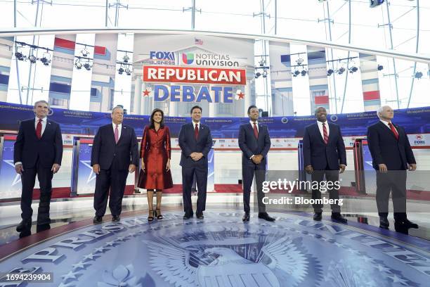 Republican presidential candidates Doug Burgum, from left, Chris Christie, Nikki Haley, Ron DeSantis, Vivek Ramaswamy, Senator Tim Scott and former...