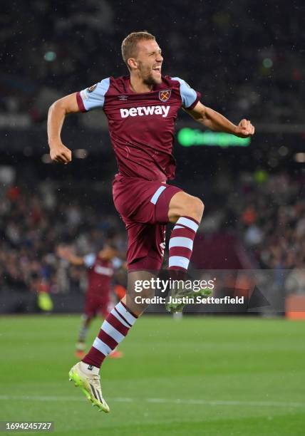 Tomas Soucek of West Ham United celebrates after scoring the team's third goal during the UEFA Europa League 2023/24 group stage match between West...