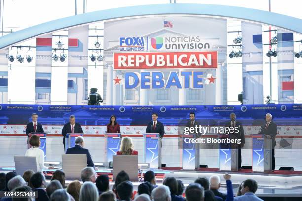 Republican presidential candidates Doug Burgum, from left, Chris Christie, Nikki Haley, Ron DeSantis, Vivek Ramaswamy, Senator Tim Scott and former...