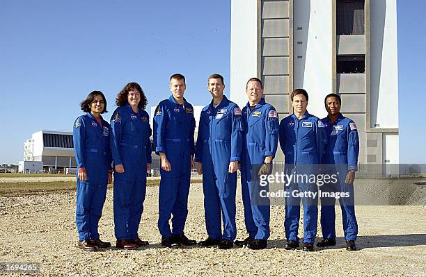 The crew of the NASA Space Shuttle mission STS-107; mission specialists Kalpana Chawla and Laurel Clark, pilot William "Willie" McCool, commander...