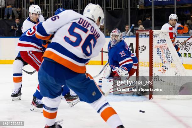 New York Islanders Right Wing William Dufour scores a goal during the National Hockey League Preseason game between the New York Islanders and the...