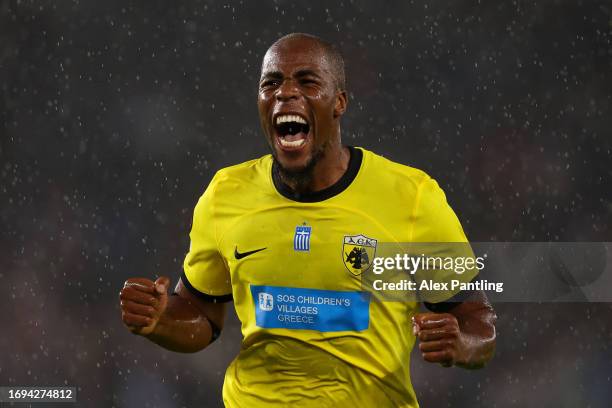 Djibril Sidibe of AEK Athens celebrates followig during the UEFA Europa League 2023/24 group stage match between Brighton & Hove Albion and AEK...