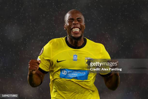 Djibril Sidibe of AEK Athens celebrates following the team's victory during the UEFA Europa League 2023/24 group stage match between Brighton & Hove...