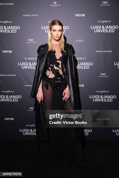 Stella Maxwell attends the photocall for the Luigi & Iango Unveiled Exhibition Opening at Palazzo Reale on September 21, 2023 in Milan, Italy.