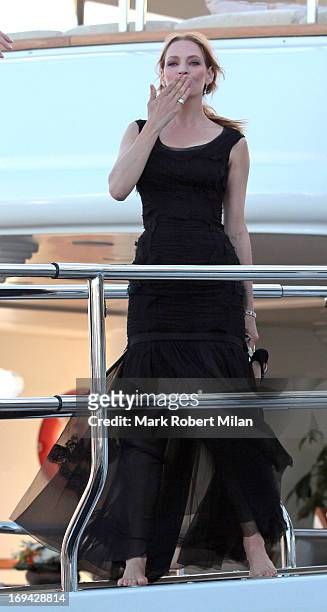 Uma Thurman arriving at the yacht Oasis during the 66th Annual Cannes Film Festival on May 24, 2013 in Cannes, France.