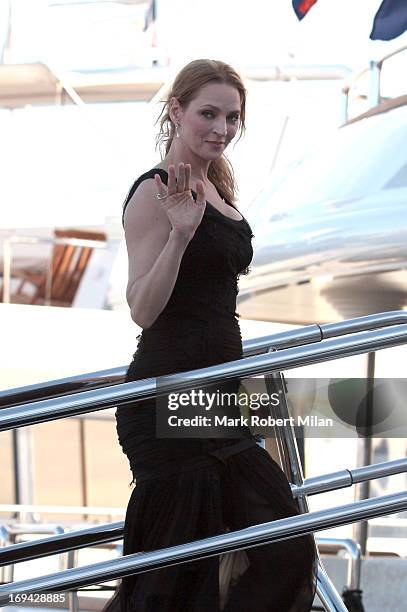 Uma Thurman arriving at the yacht Oasis during the 66th Annual Cannes Film Festival on May 24, 2013 in Cannes, France.