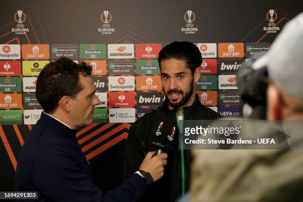 Isco of Real Betis is interviewed following the UEFA Europa League 2023/24 match between Rangers FC and Real Betis at Ibrox Stadium on September 21,...