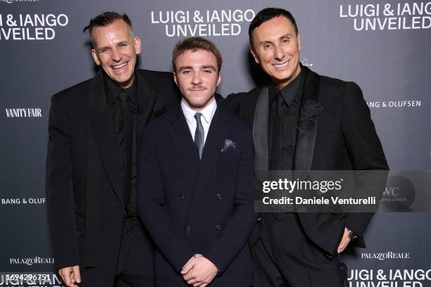 Iango Henzi, Rocco Ritchie and Luigi Murenu attend the Luigi & Iango Unveiled Exhibition Opening at Palazzo Reale on September 21, 2023 in Milan,...