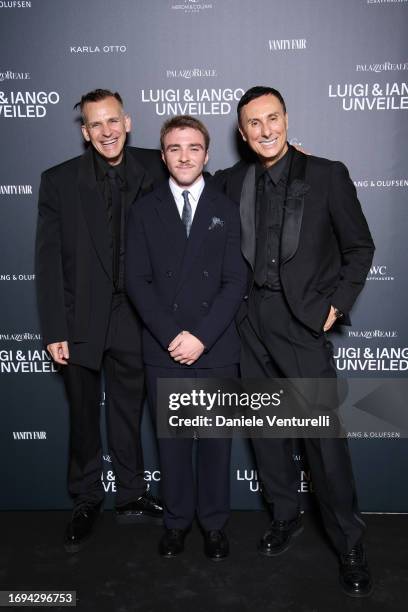 Iango Henzi, Rocco Ritchie and Luigi Murenu attend the Luigi & Iango Unveiled Exhibition Opening at Palazzo Reale on September 21, 2023 in Milan,...