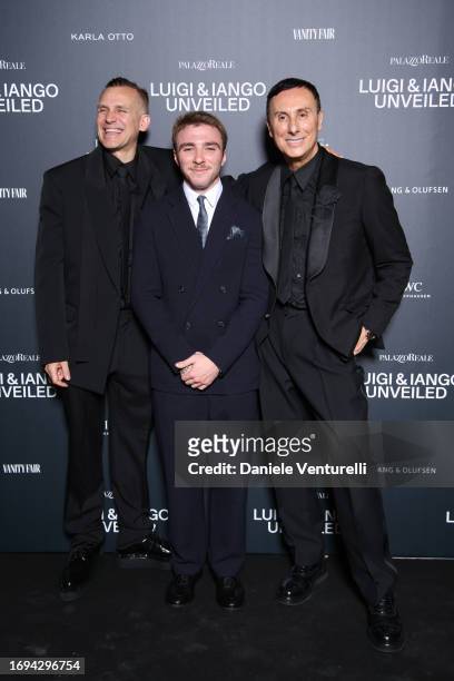 Iango Henzi, Rocco Ritchie and Luigi Murenu attend the Luigi & Iango Unveiled Exhibition Opening at Palazzo Reale on September 21, 2023 in Milan,...
