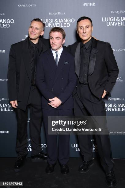 Iango Henzi, Rocco Ritchie and Luigi Murenu attend the Luigi & Iango Unveiled Exhibition Opening at Palazzo Reale on September 21, 2023 in Milan,...