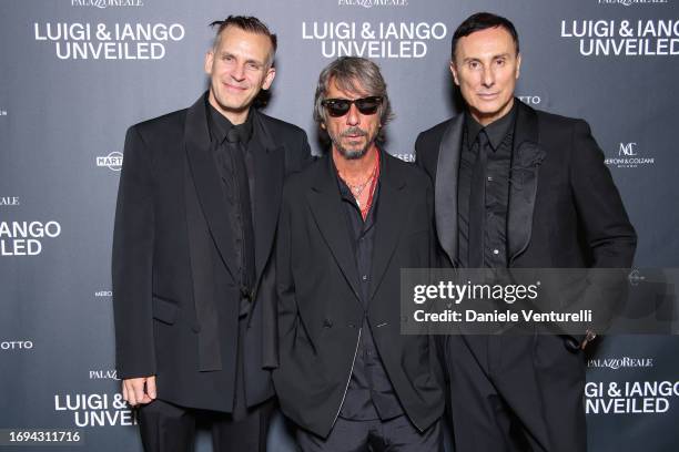 Iango Henzi, Pierpaolo Piccioli and Luigi Murenu attend the Luigi & Iango Unveiled Exhibition Opening at Palazzo Reale on September 21, 2023 in...