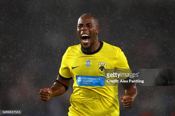 Djibril Sidibe of AEK Athens celebrates victory during the UEFA Europa League 2023/24 group stage match between Brighton & Hove Albion and AEK Athens...