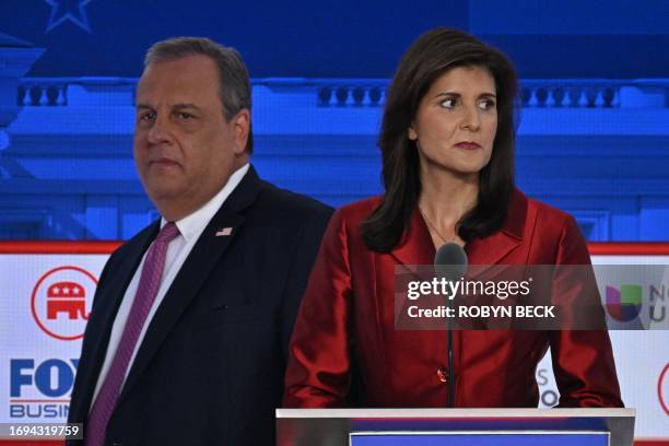 Former Governor from South Carolina and UN ambassador Nikki Haley looks on as former Governor of New Jersey Chris Christie arrives for the second...