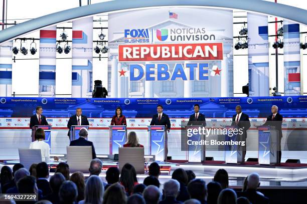 Republican presidential candidates Doug Burgum, from left, Chris Christie, Nikki Haley, Ron DeSantis, Vivek Ramaswamy, Senator Tim Scott and former...