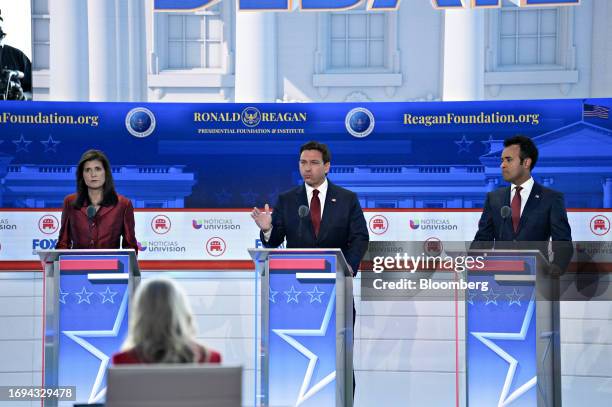 Nikki Haley, former ambassador to the United Nations and 2024 Republican presidential candidate, from left, /Ron DeSantis, governor of Florida and...