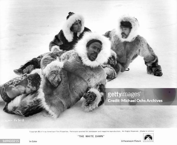 Timothy Bottoms, Louis Gossett Jr, and Warren Oates are three whalers marooned in the Canadian arctic in a scene from the film 'The White Dawn', 1974.